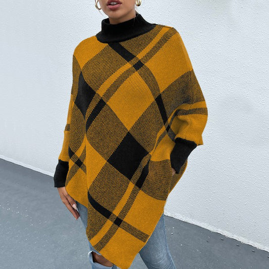 Yellow Mock Neck Plaid Knit Poncho free shipping -Oh Em Gee Boutique
