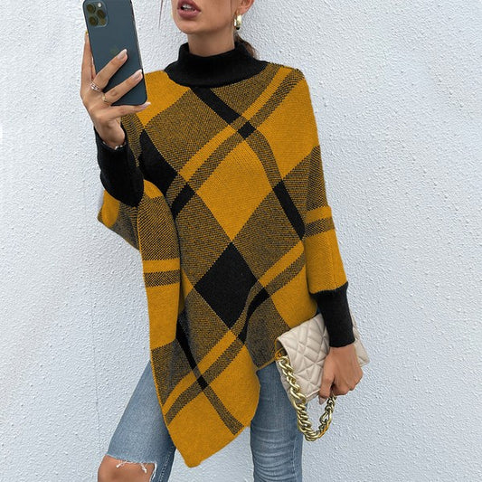 Yellow Mock Neck Plaid Knit Poncho free shipping -Oh Em Gee Boutique