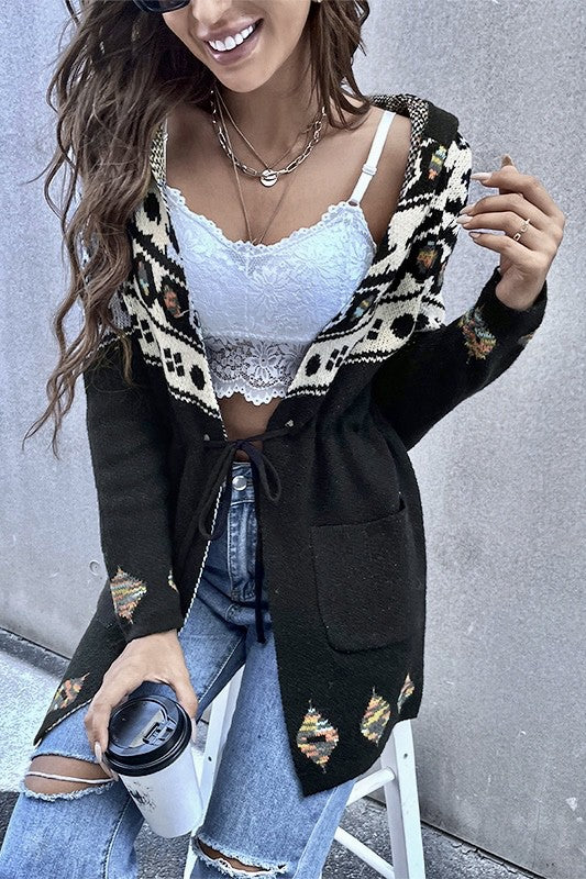 Black Geo Pattern Hooded Cardigan with Belt free shipping -Oh Em Gee Boutique