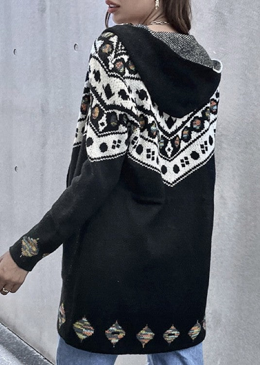 Black Geo Pattern Hooded Cardigan with Belt free shipping -Oh Em Gee Boutique