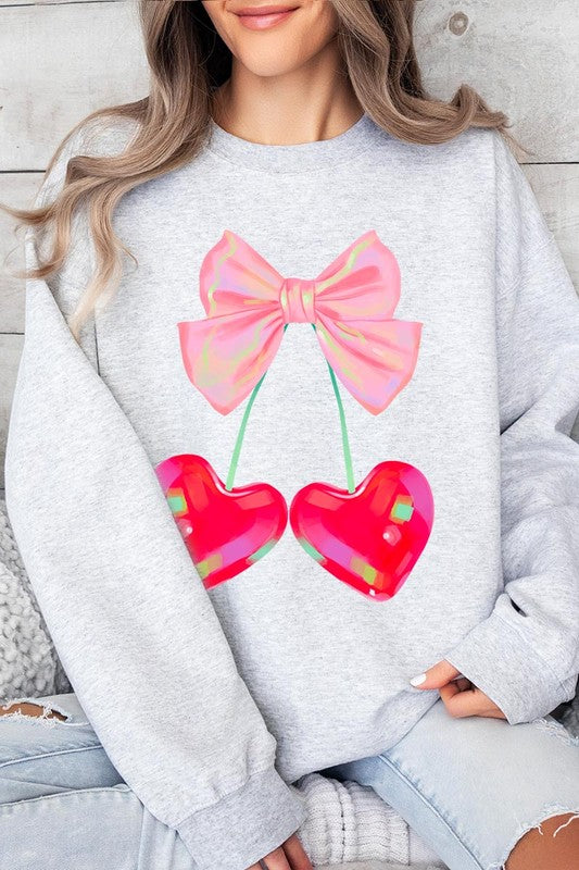 Cherry Pink Bow Graphic Fleece Sweatshirt free shipping -Oh Em Gee Boutique