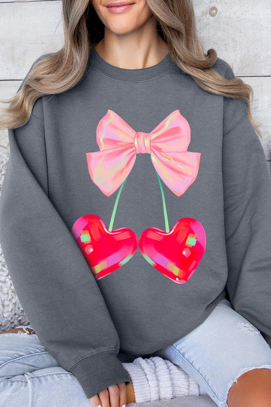 Cherry Pink Bow Graphic Fleece Sweatshirt free shipping -Oh Em Gee Boutique