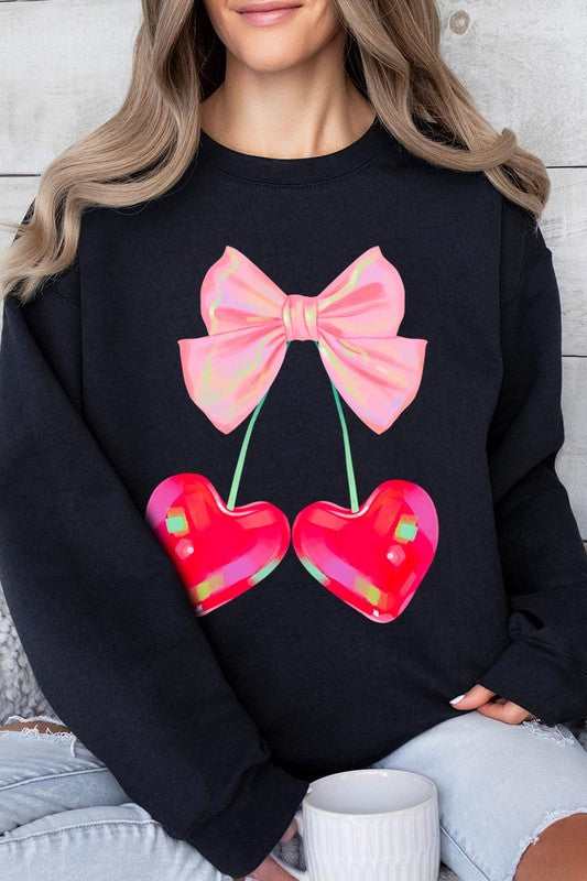 Cherry Pink Bow Graphic Fleece Sweatshirt free shipping -Oh Em Gee Boutique