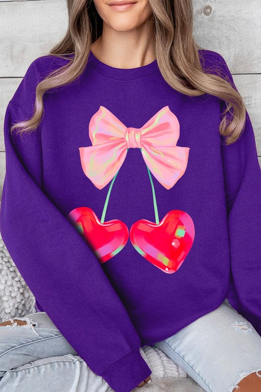 Cherry Pink Bow Graphic Fleece Sweatshirt free shipping -Oh Em Gee Boutique