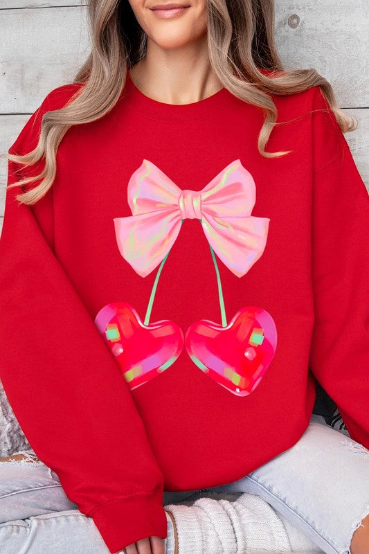 Cherry Pink Bow Graphic Fleece Sweatshirt free shipping -Oh Em Gee Boutique