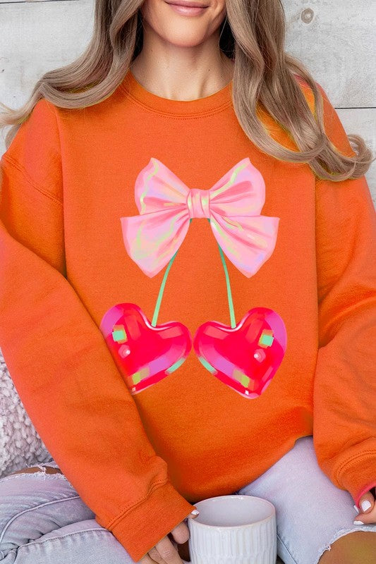 Cherry Pink Bow Graphic Fleece Sweatshirt free shipping -Oh Em Gee Boutique