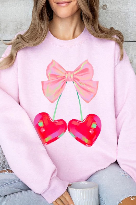 Cherry Pink Bow Graphic Fleece Sweatshirt free shipping -Oh Em Gee Boutique