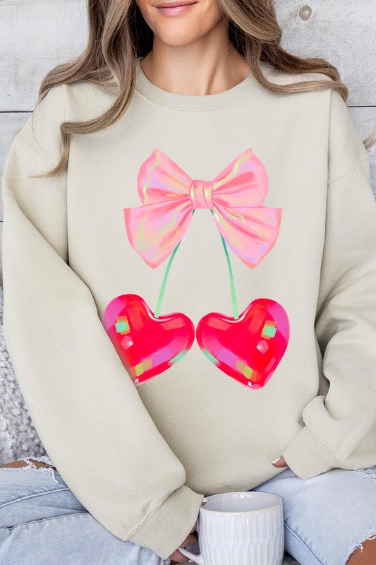 Cherry Pink Bow Graphic Fleece Sweatshirt free shipping -Oh Em Gee Boutique