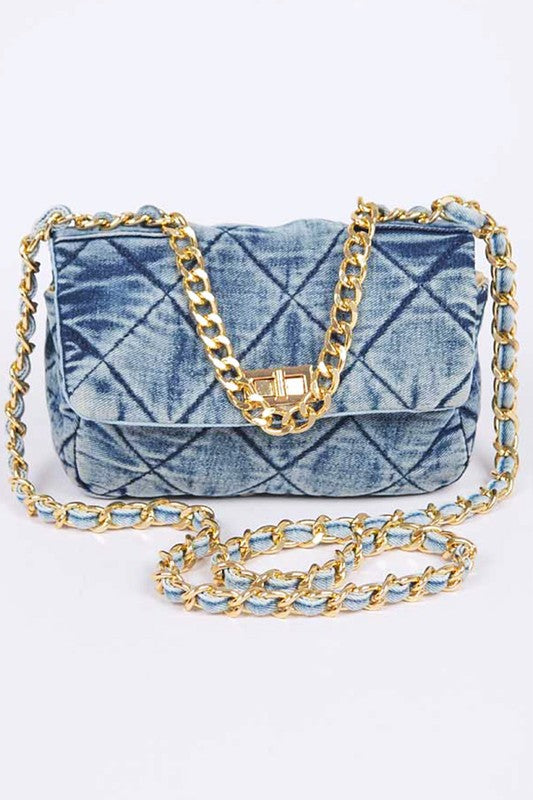 Chunky Chain Washed Denim Iconic Shoulder Bag free shipping -Oh Em Gee Boutique