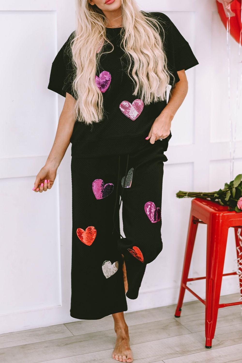 Heart Sequin Short Sleeve Top and Drawstring Pants Lounge Set free shipping -Oh Em Gee Boutique