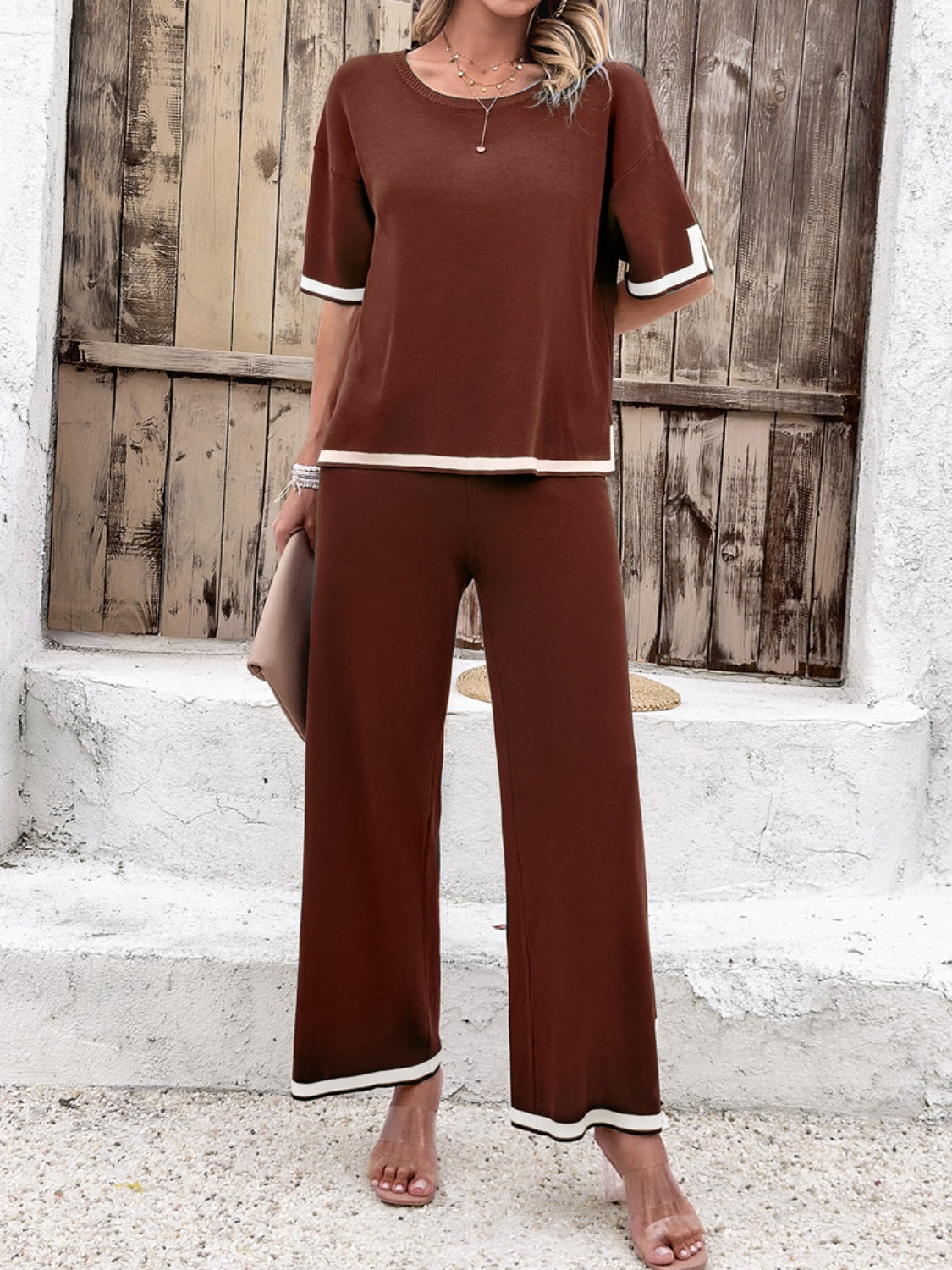 Devine Contrast Trim Round Neck Top and Pants Set free shipping -Oh Em Gee Boutique