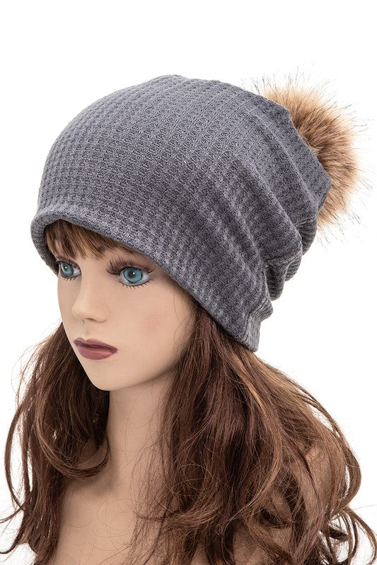 Faux Fur Pom Cotton Slouchy Beanie free shipping -Oh Em Gee Boutique