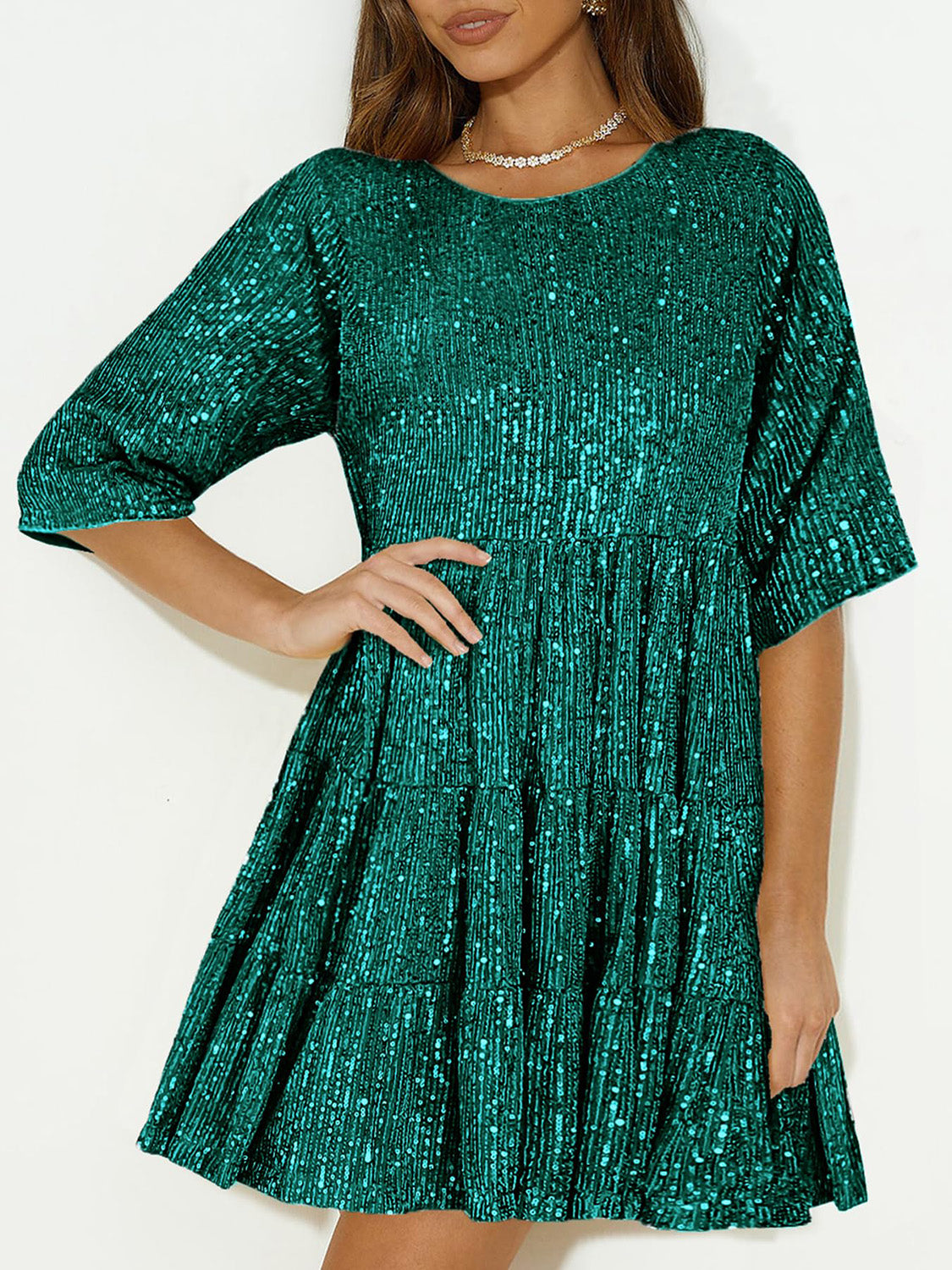 Full Size Sequin Round Neck Half Sleeve Mini Dress free shipping -Oh Em Gee Boutique