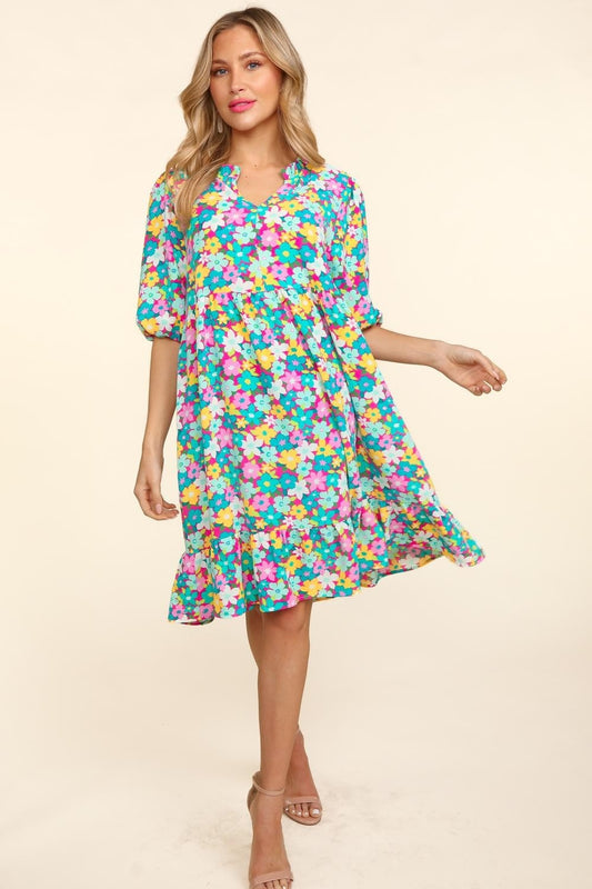 Haptics Bubble Sleeve Floral Ruffled Dress free shipping -Oh Em Gee Boutique