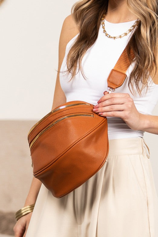 Sabrina Double Zip Leather Crescent Sling free shipping -Oh Em Gee Boutique
