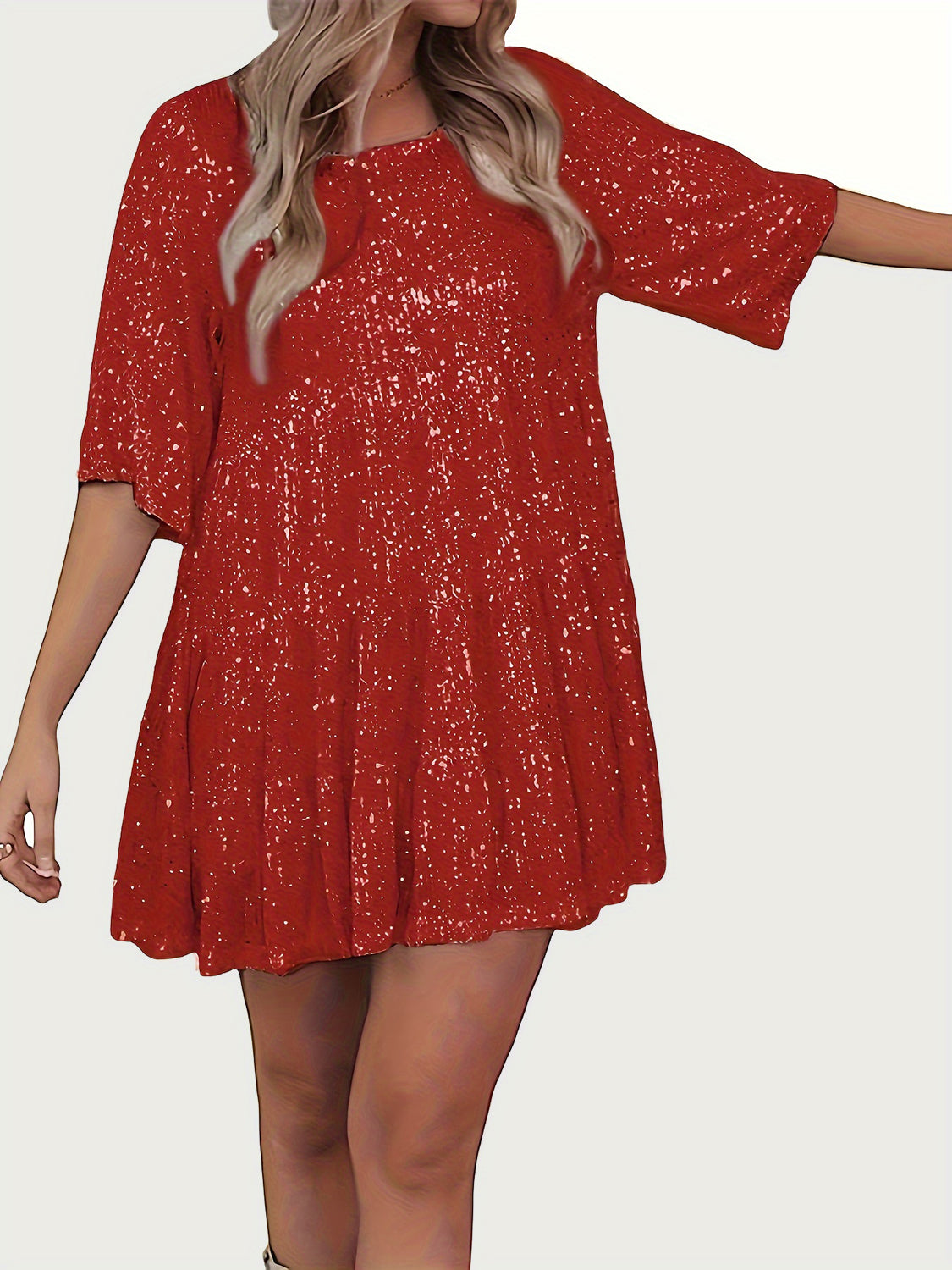 Full Size Sequin Round Neck Half Sleeve Mini Dress free shipping -Oh Em Gee Boutique