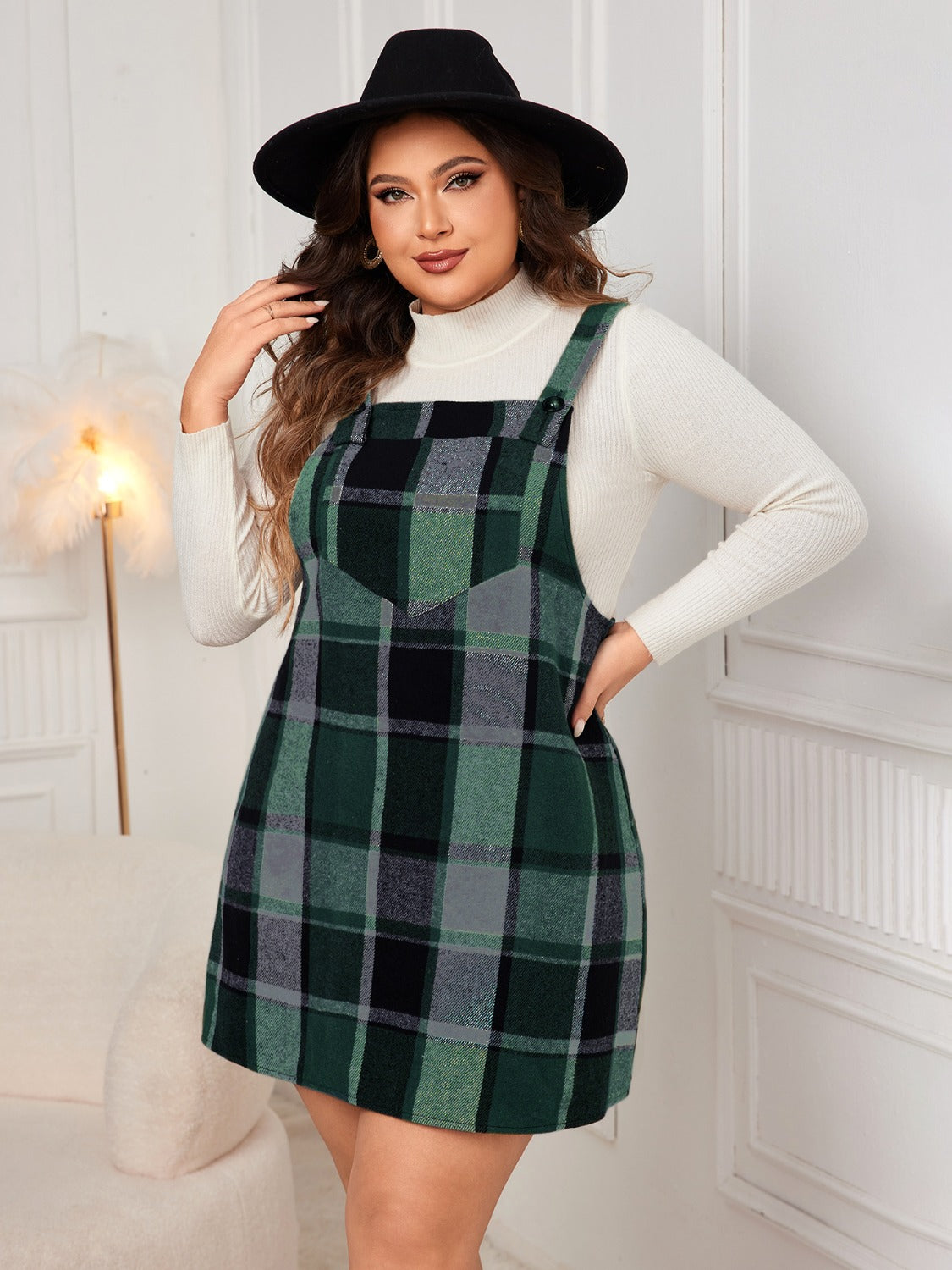 Plus Size Plaid Wide Strap Overall Dress free shipping -Oh Em Gee Boutique