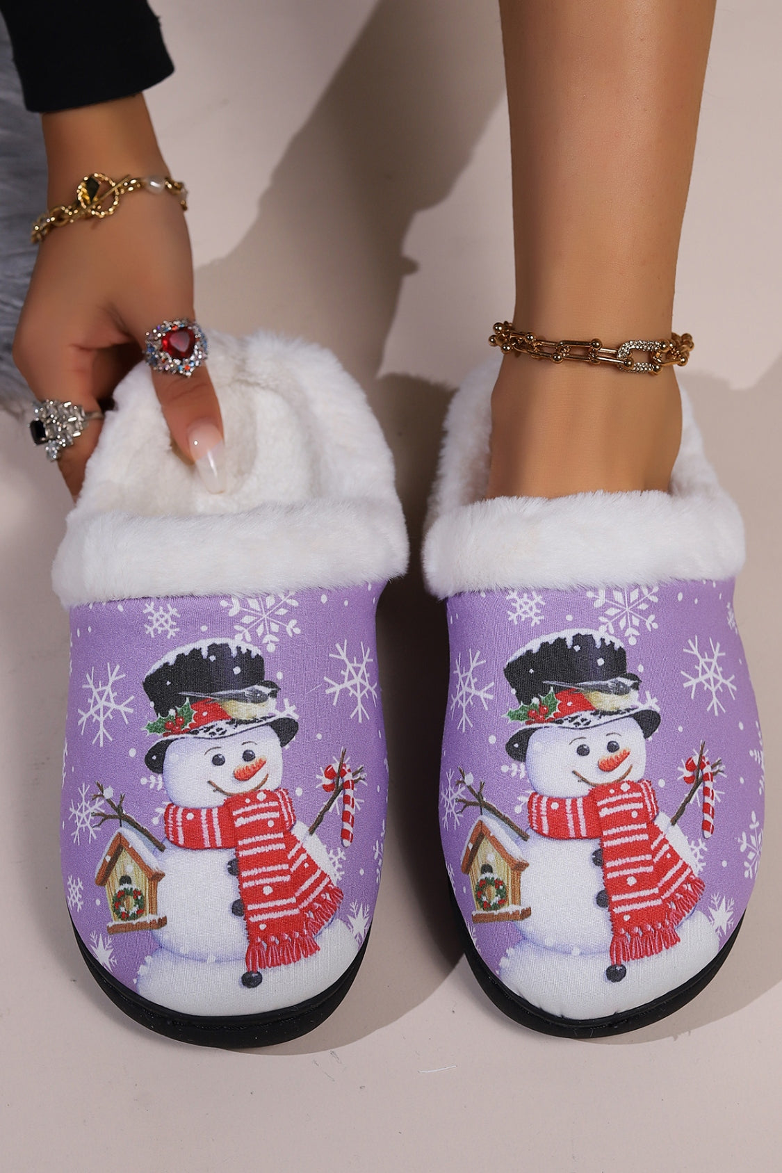 Snowman Round Toe Faux Fur Slippers free shipping -Oh Em Gee Boutique