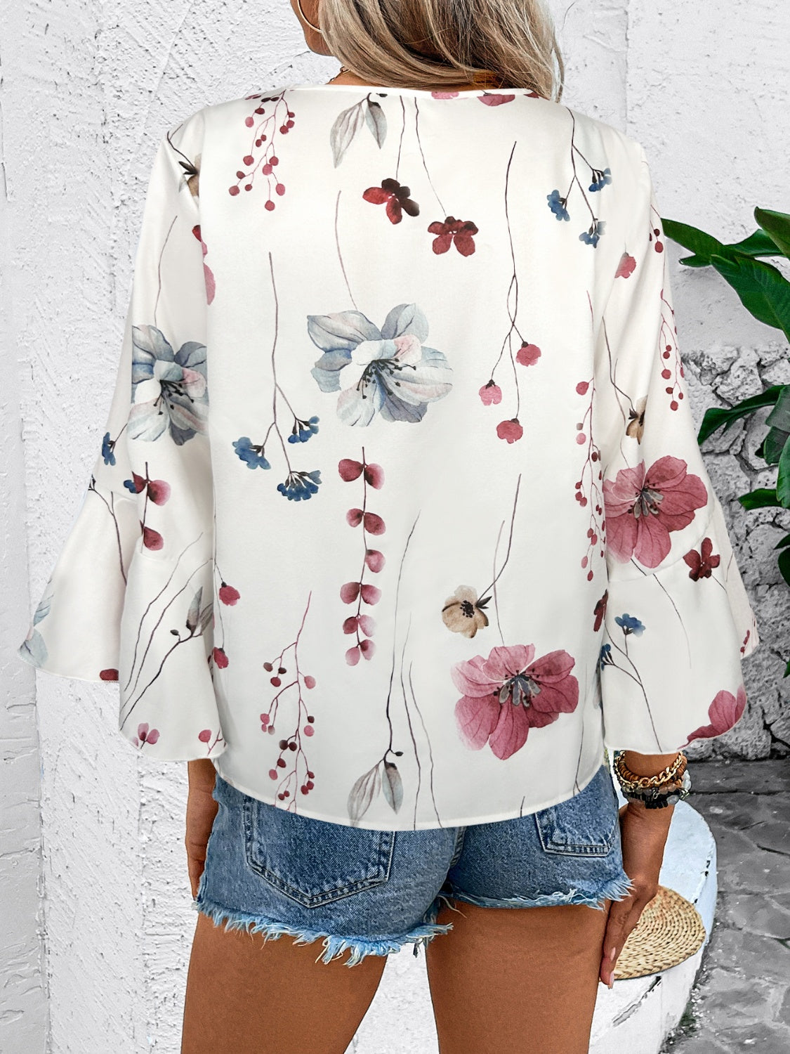 Ruffled Printed V-Neck Half Sleeve Blouse free shipping -Oh Em Gee Boutique