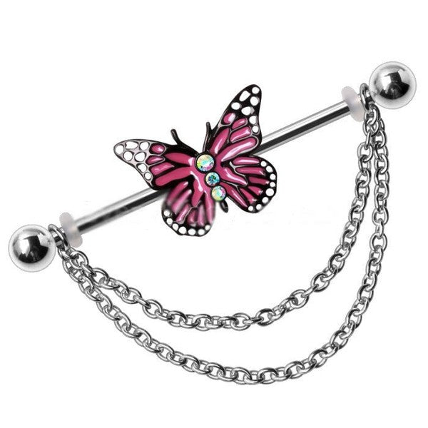 316L Stainless Steel Double Chained Pink Butterfly Earring