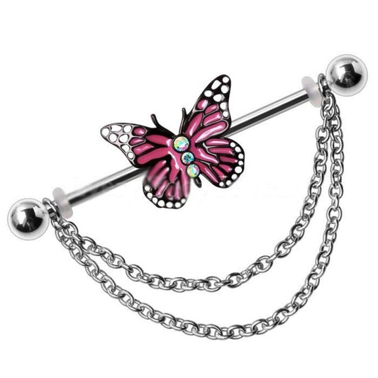 316L Stainless Steel Double Chained Pink Butterfly Earring