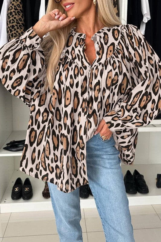 Oversized Leopard Print Balloon Sleeve Blouse free shipping -Oh Em Gee Boutique