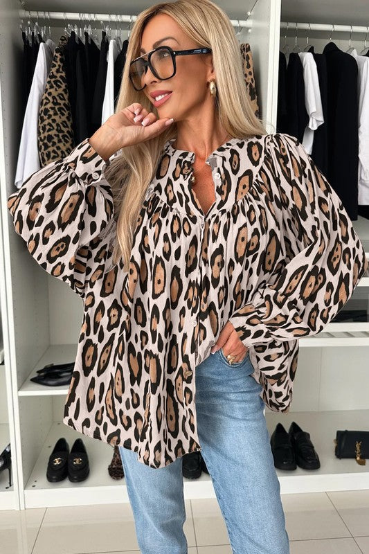 Oversized Leopard Print Balloon Sleeve Blouse free shipping -Oh Em Gee Boutique