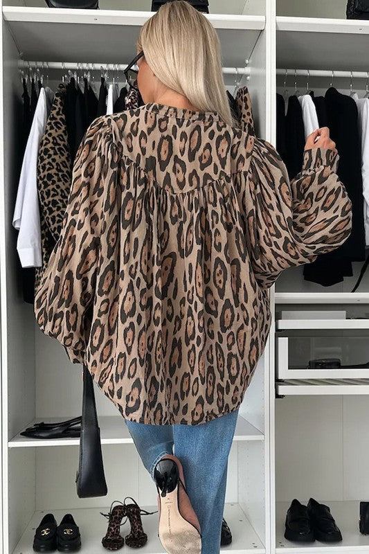 Oversized Leopard Print Balloon Sleeve Blouse free shipping -Oh Em Gee Boutique