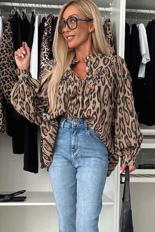 Oversized Leopard Print Balloon Sleeve Blouse free shipping -Oh Em Gee Boutique