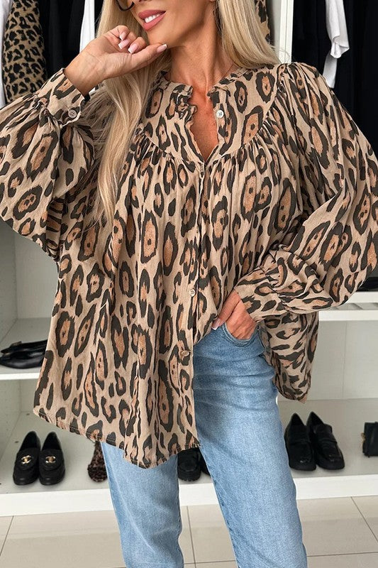 Oversized Leopard Print Balloon Sleeve Blouse free shipping -Oh Em Gee Boutique