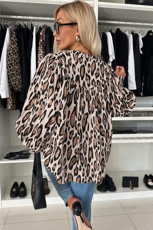 Oversized Leopard Print Balloon Sleeve Blouse free shipping -Oh Em Gee Boutique