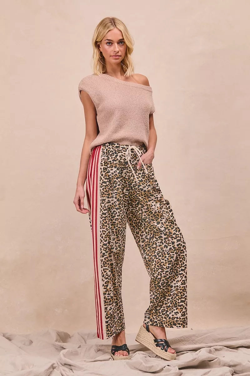 BiBi Leopard Print Pants with Side Contrast and Tucking Welt Pockets free shipping -Oh Em Gee Boutique