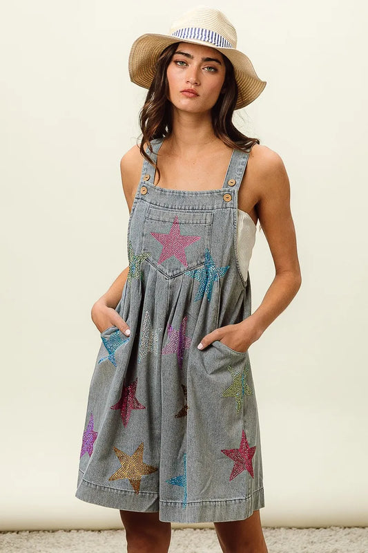 BiBi Star Rhinestone Washed Wide Leg Shortalls free shipping -Oh Em Gee Boutique