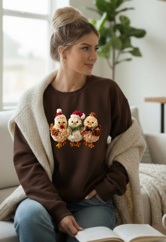 Latch Hook Fluffy Chickens Graphic Sweatshirt free shipping -Oh Em Gee Boutique
