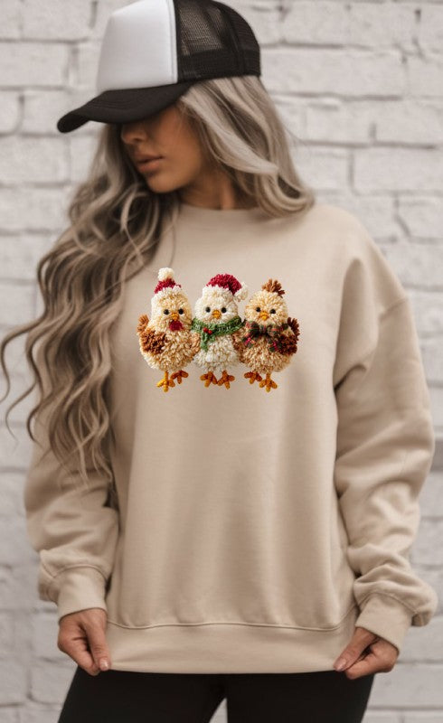 Latch Hook Fluffy Chickens Graphic Sweatshirt free shipping -Oh Em Gee Boutique