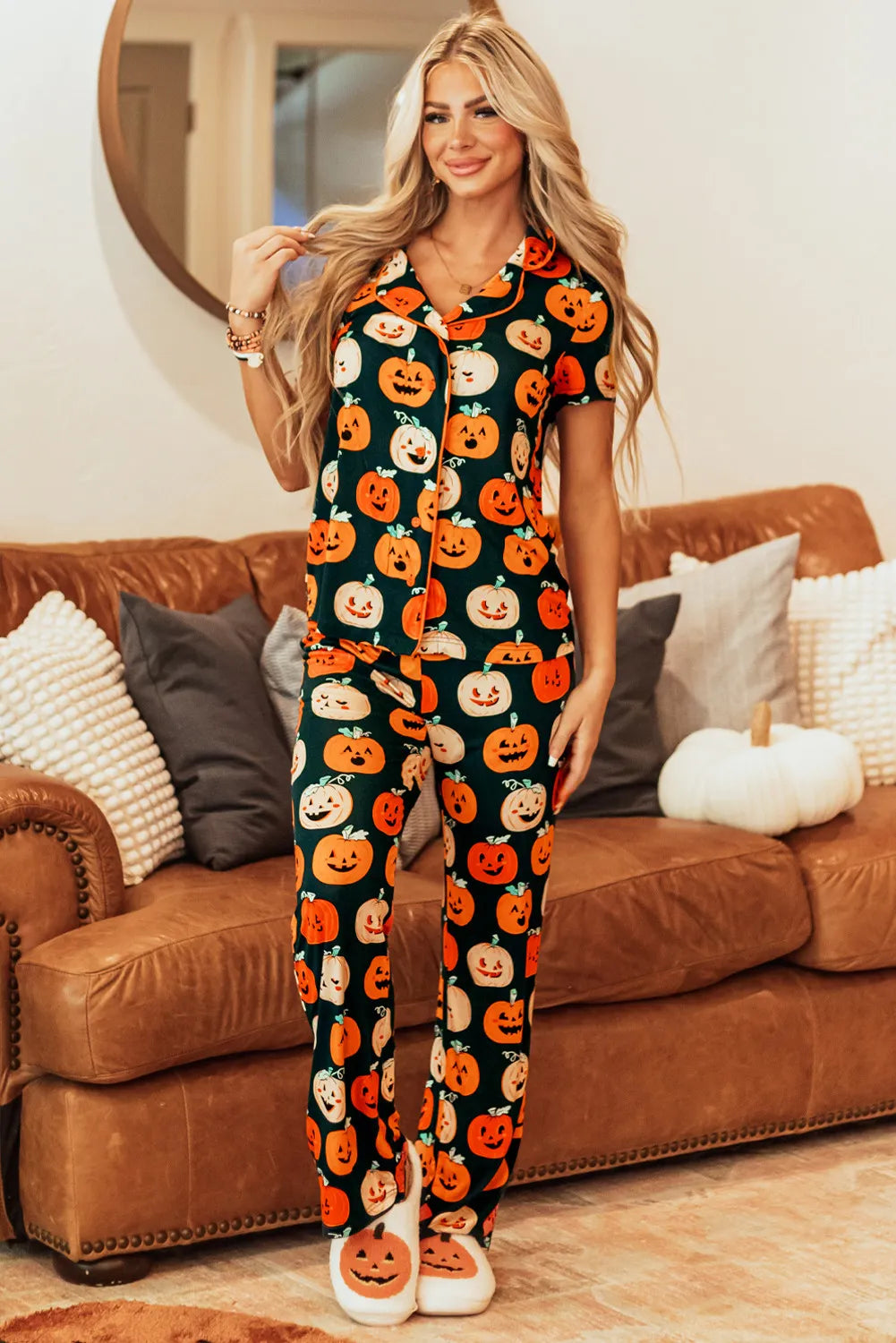 Pumpkin Printed Short Sleeve Top and Pants Lounge Set free shipping -Oh Em Gee Boutique