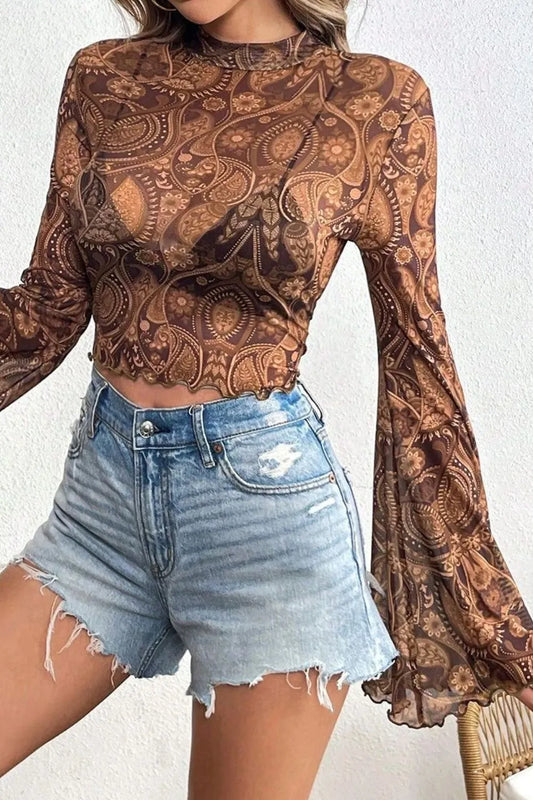 Printed Mock Neck Flare Sleeve Top free shipping -Oh Em Gee Boutique