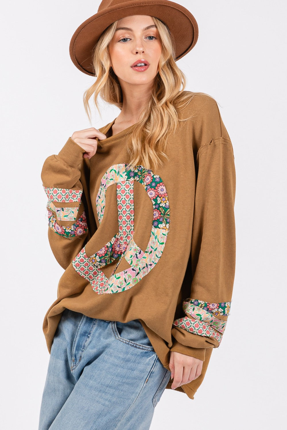 SAGE + FIG Peace Applique Patch Long Sleeve Top free shipping -Oh Em Gee Boutique