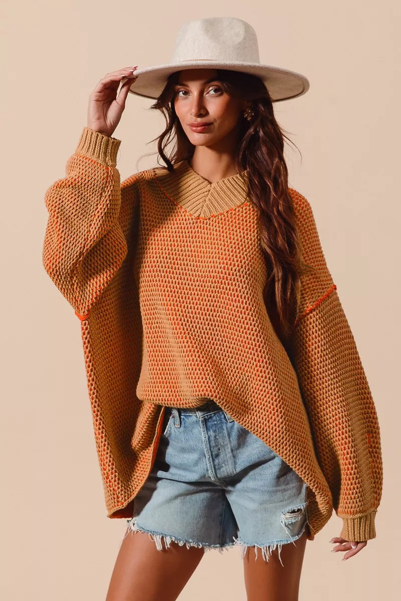 SO ME Oversized Two Tone Textured V Neck Sweater free shipping -Oh Em Gee Boutique