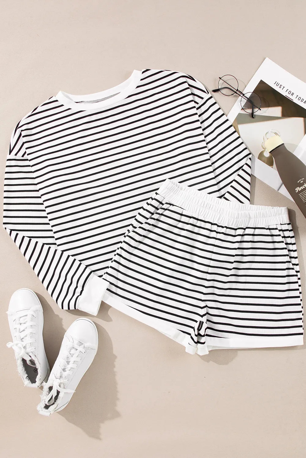 Striped Round Neck Long Sleeve Top and Shorts Set free shipping -Oh Em Gee Boutique