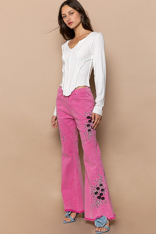 POL Raw Hem Embroidered Flare Pants free shipping -Oh Em Gee Boutique