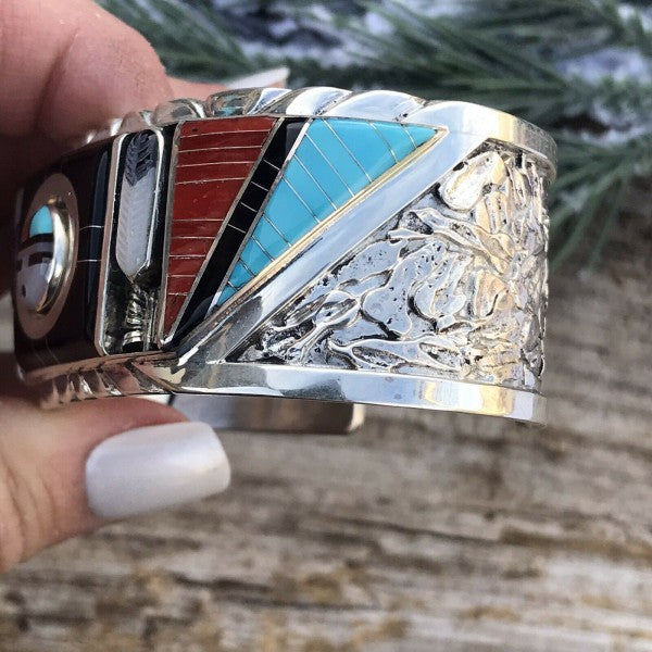 Don Dewa Zuni Sterling Silver Multi-stone SunFace Cuff Bracelet free shipping -Oh Em Gee Boutique