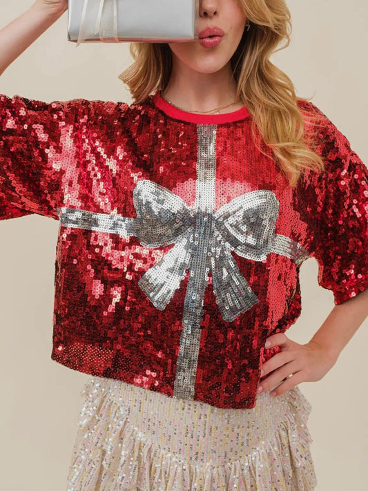 Sequin Bow Christmas Graphic Round Neck Half Sleeve T-Shirt free shipping -Oh Em Gee Boutique