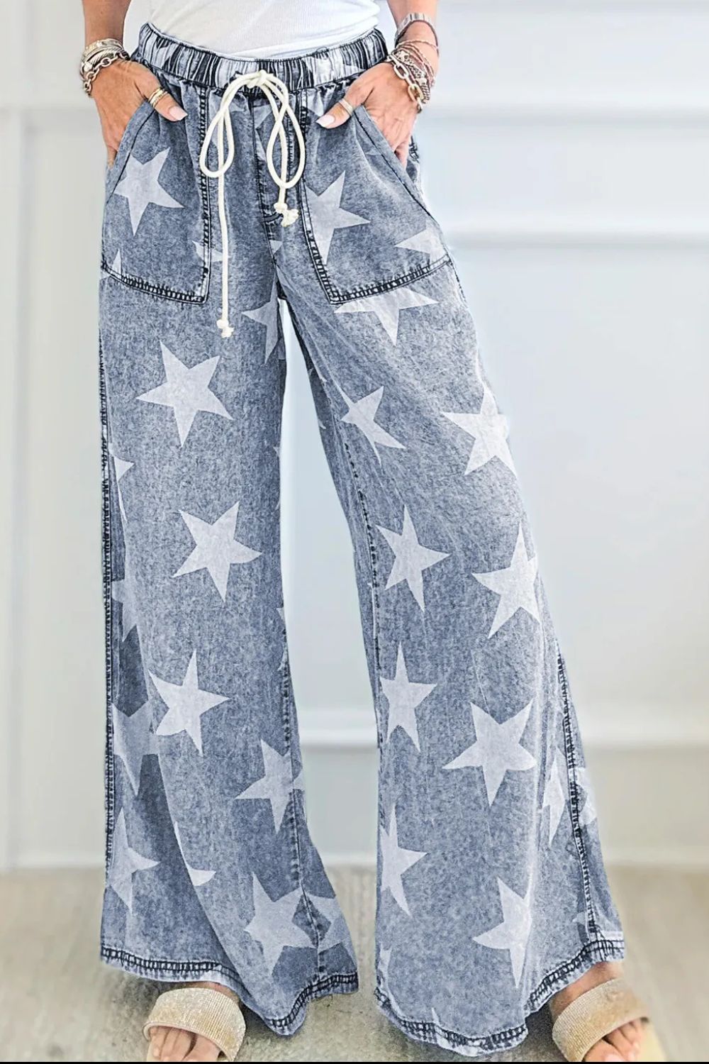 Drawstring Star Wide Leg Jeans free shipping -Oh Em Gee Boutique