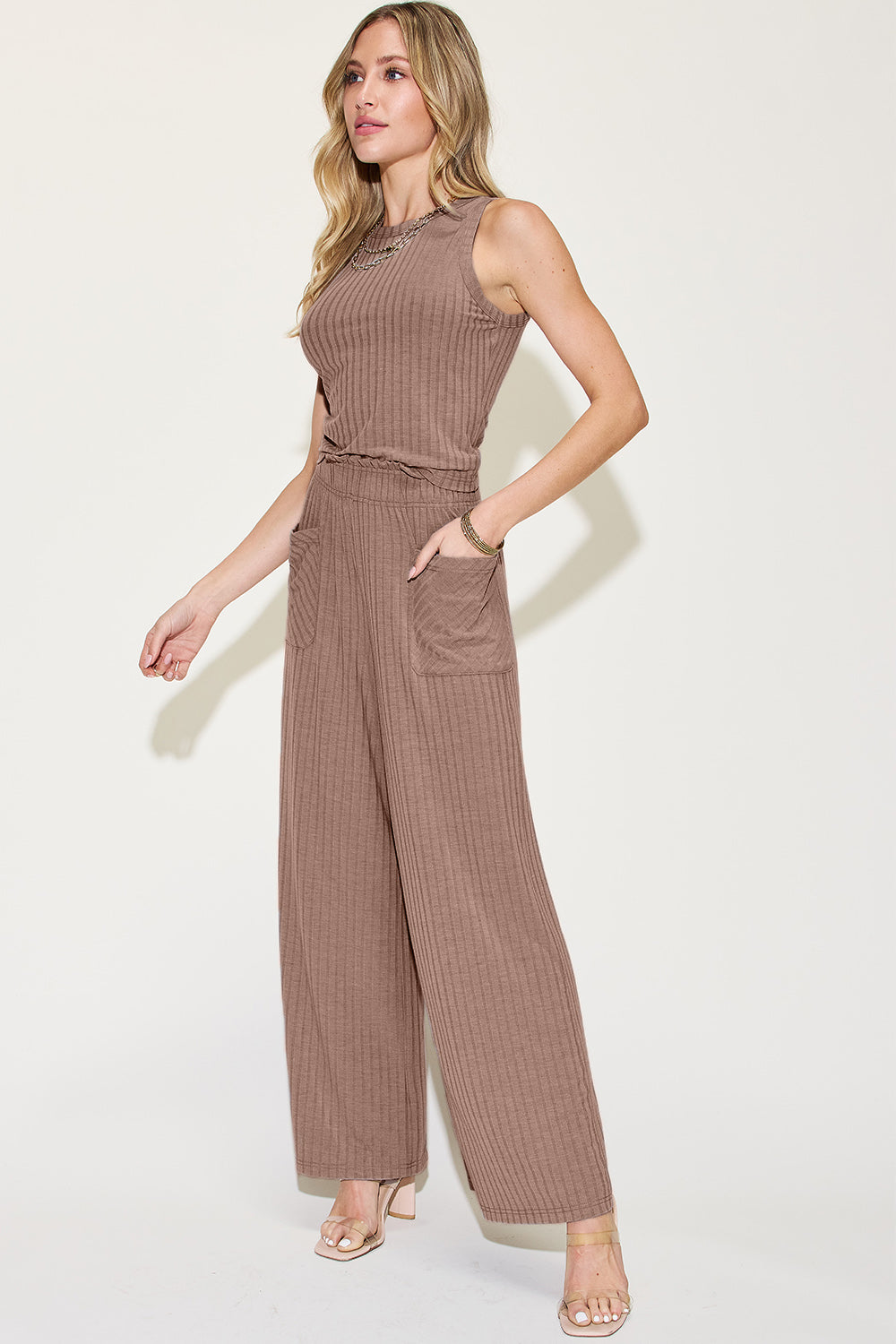 Basic Bae Full Size Ribbed Tank and Wide Leg Pants Set free shipping -Oh Em Gee Boutique