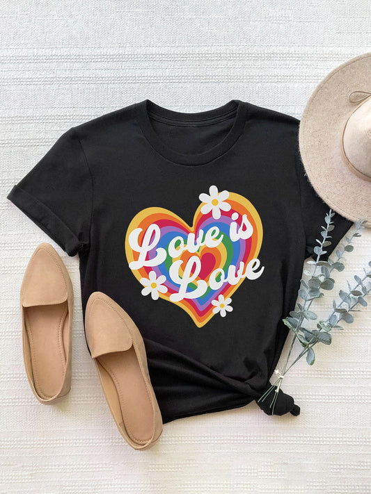 Graphic Round Neck Short Sleeve T-Shirt, Rainbow Heart Design free shipping -Oh Em Gee Boutique