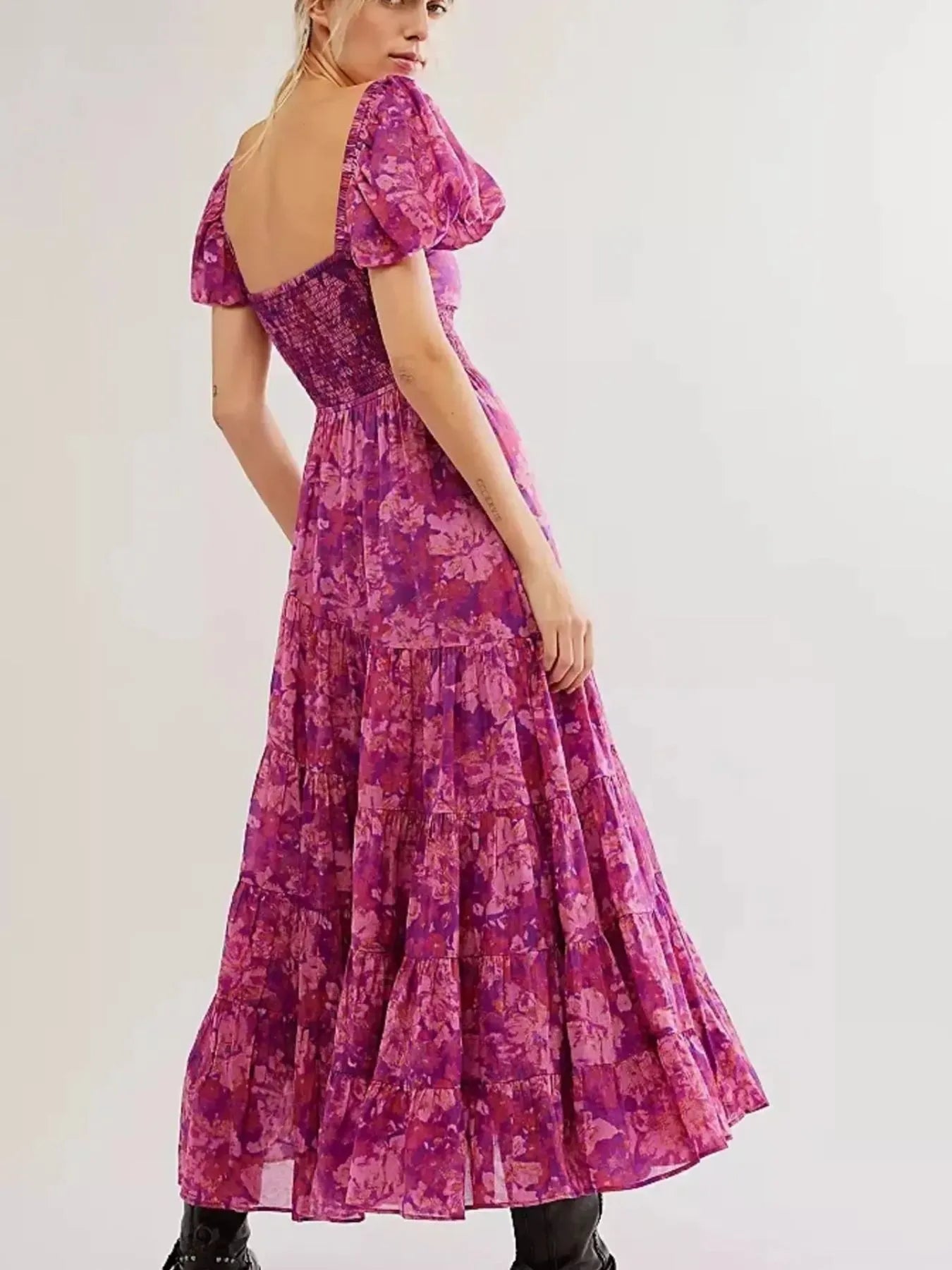 Printed Sweetheart Neck Puff Sleeve Maxi Dress free shipping -Oh Em Gee Boutique