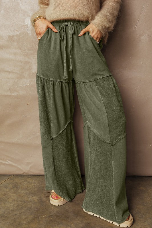 Mineral Wash Patchwork Tiered Wide Leg Pants free shipping -Oh Em Gee Boutique