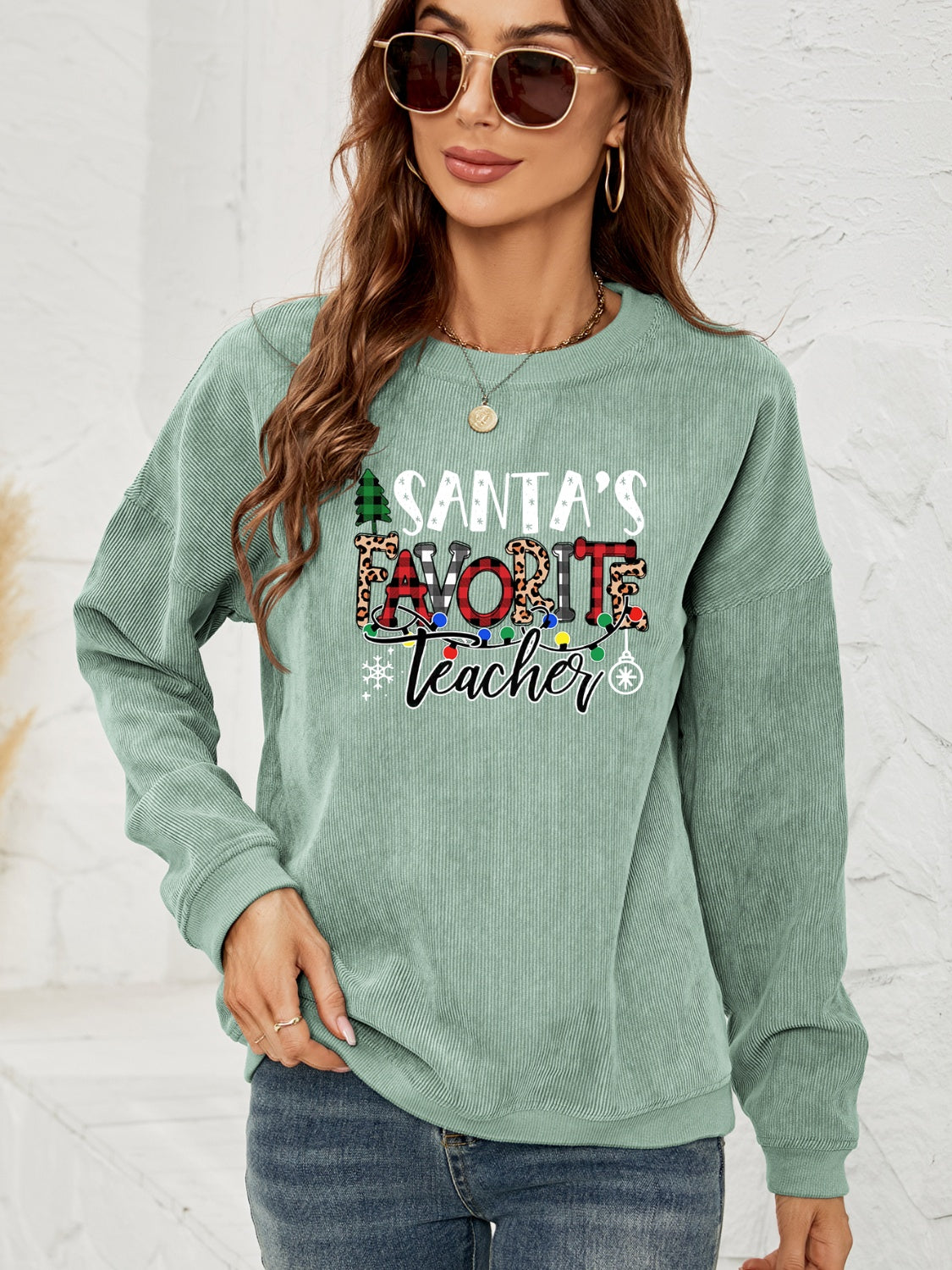 SANTA'S FAVORITE TEACHER Graphic Sweatshirt free shipping -Oh Em Gee Boutique