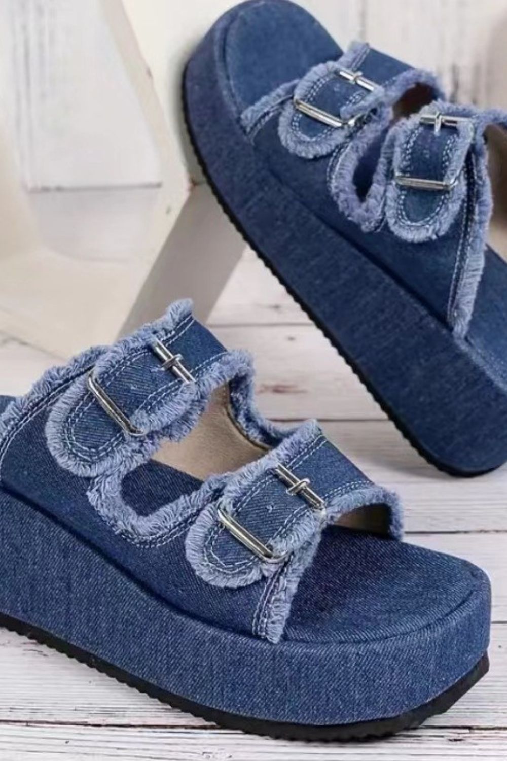 Raw Hem Wedge Buckle Sandals free shipping -Oh Em Gee Boutique